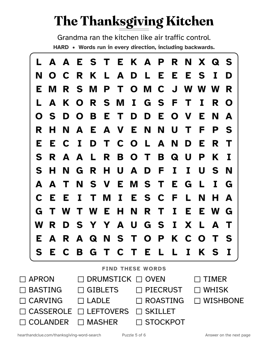 The Thanksgiving Cooking Word Search puzzle page: a 15 by 15 grid of large letters with 18 words listed underneath